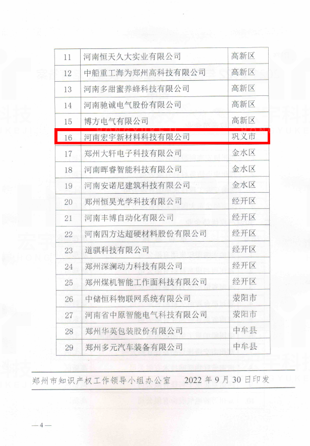 鄭州市知識產(chǎn)權(quán)優(yōu)勢企業(yè)2022.09.30鄭州市知識產(chǎn)權(quán)工作領(lǐng)導小組