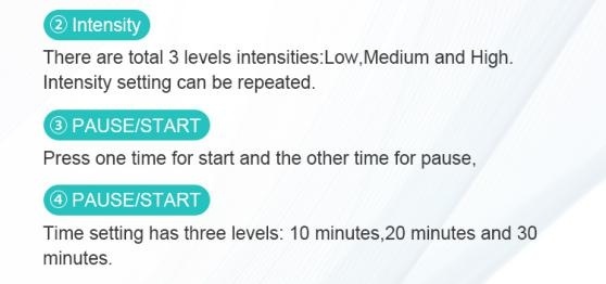 5.Timer: 10-30 minutes 6.Intelligent temperature control, the maximum temperature is 45℃ 7.Humanized safety design, anti overheating and anti over-current protection.