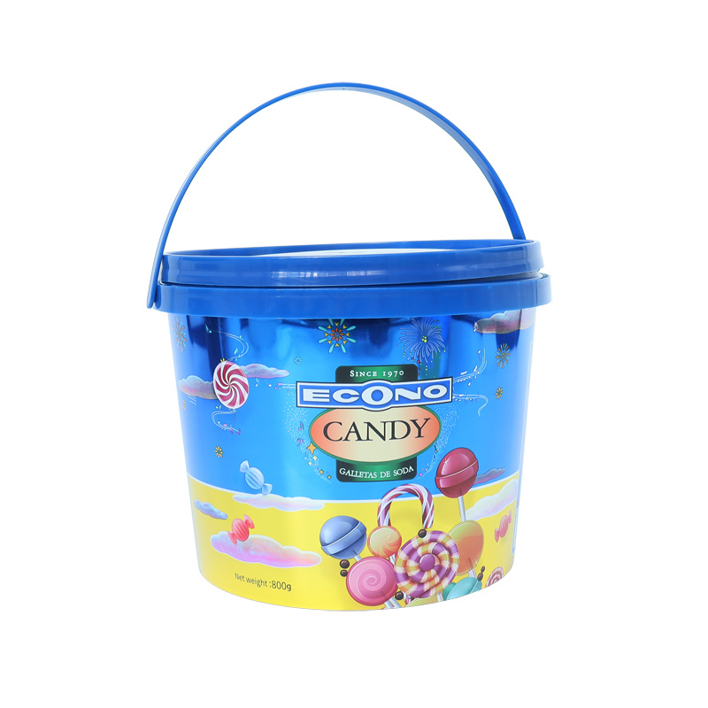 CUSTOM round printed logo color plastic bucket with lid with handle custom candy plastic food packaging bucket  food