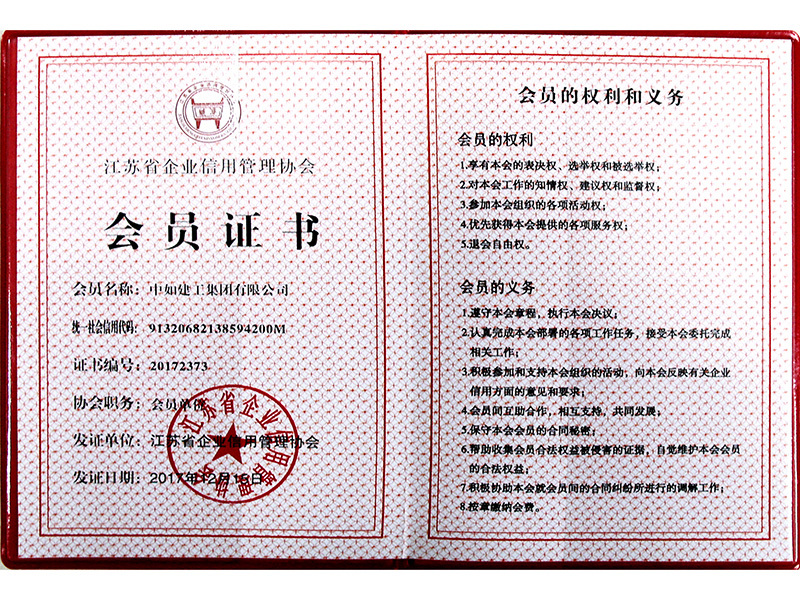 Member Certificate of Credit Management Association of Jiangsu Management Enterprises