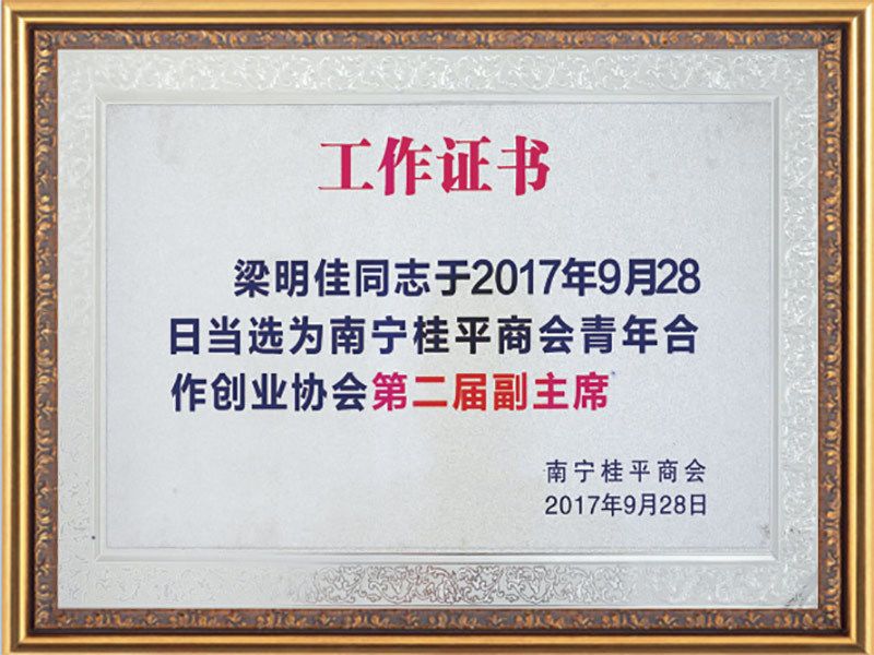 梁明佳同志当选南宁桂平商会青年合作创业协会第二届副主席