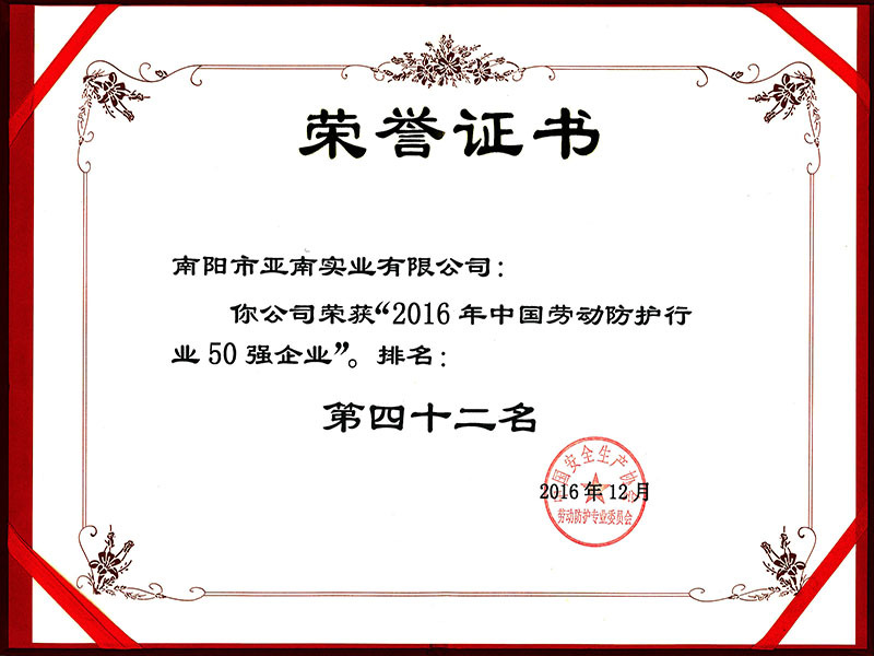 2016年12月-中國勞動防護行業50強企業（排名42）