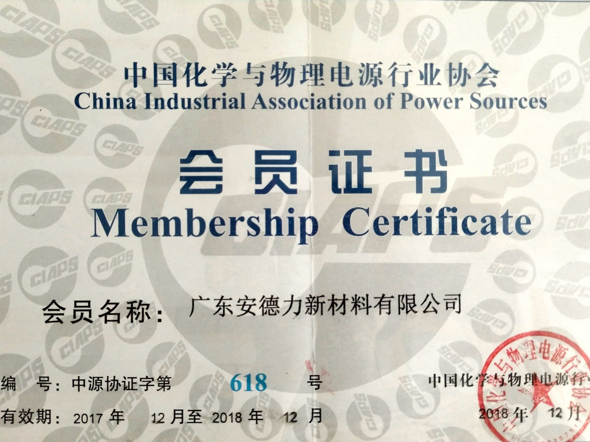中国化学与物理电源行业会员证书