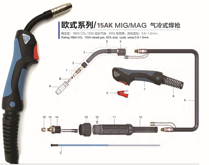 Euro Type 15AK MIG/MAG  Torch  欧式系列15AK气冷式焊枪