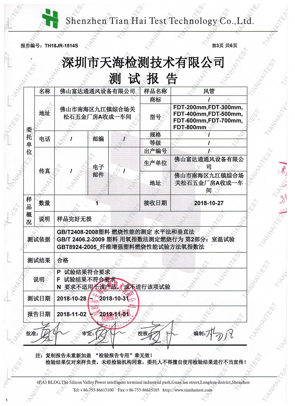 Test report of air duct in 2018