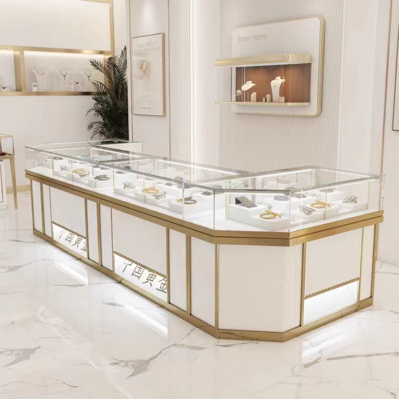 Custom gold jewelry glass display cases for shopping malls
