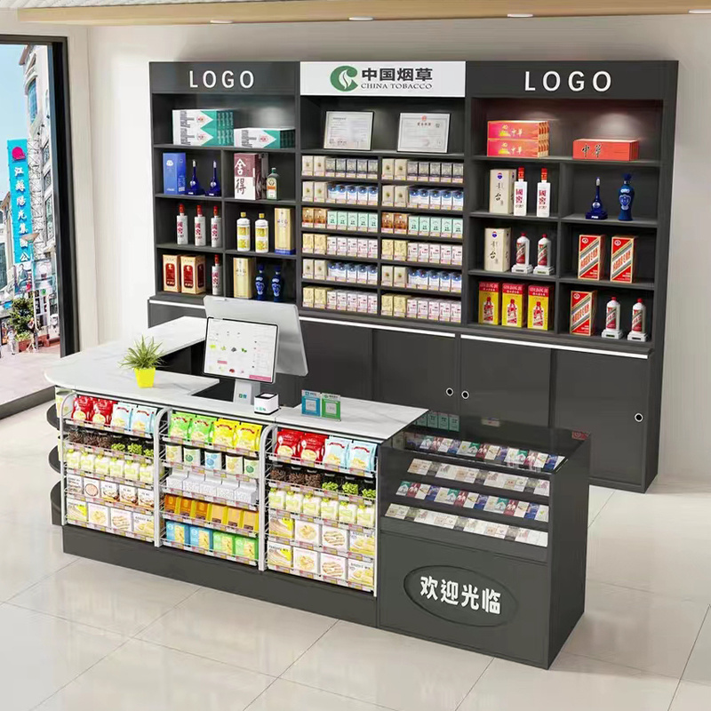 Modern shop counter design wine showcase led cigarette display rack