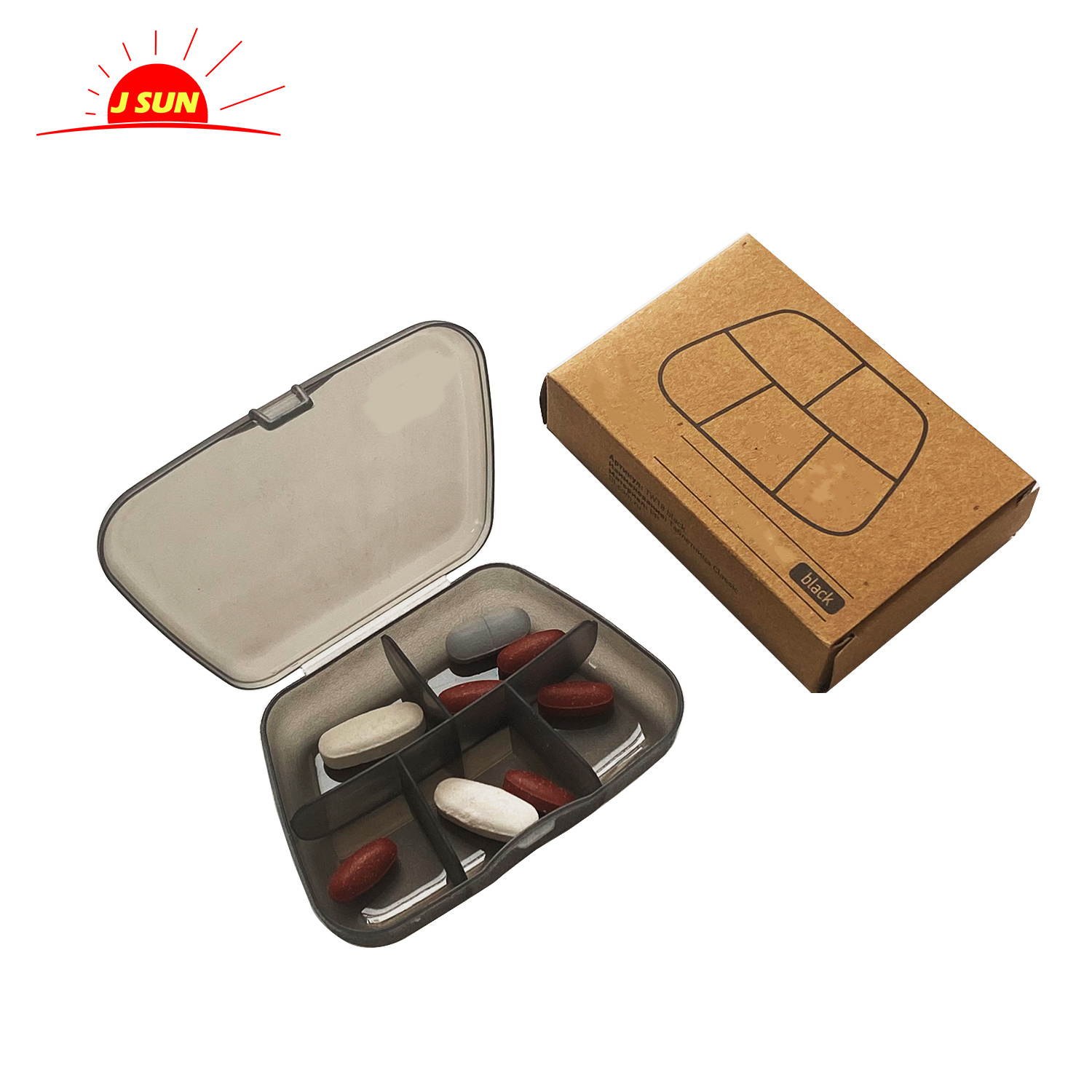Black Portable Travel Pill Box Am Pm Removable Pill Organizer, 6 Compartments Pill Holder