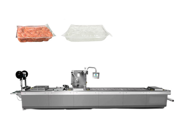 Thermoforming vacuum packaging machine with liquid filling device