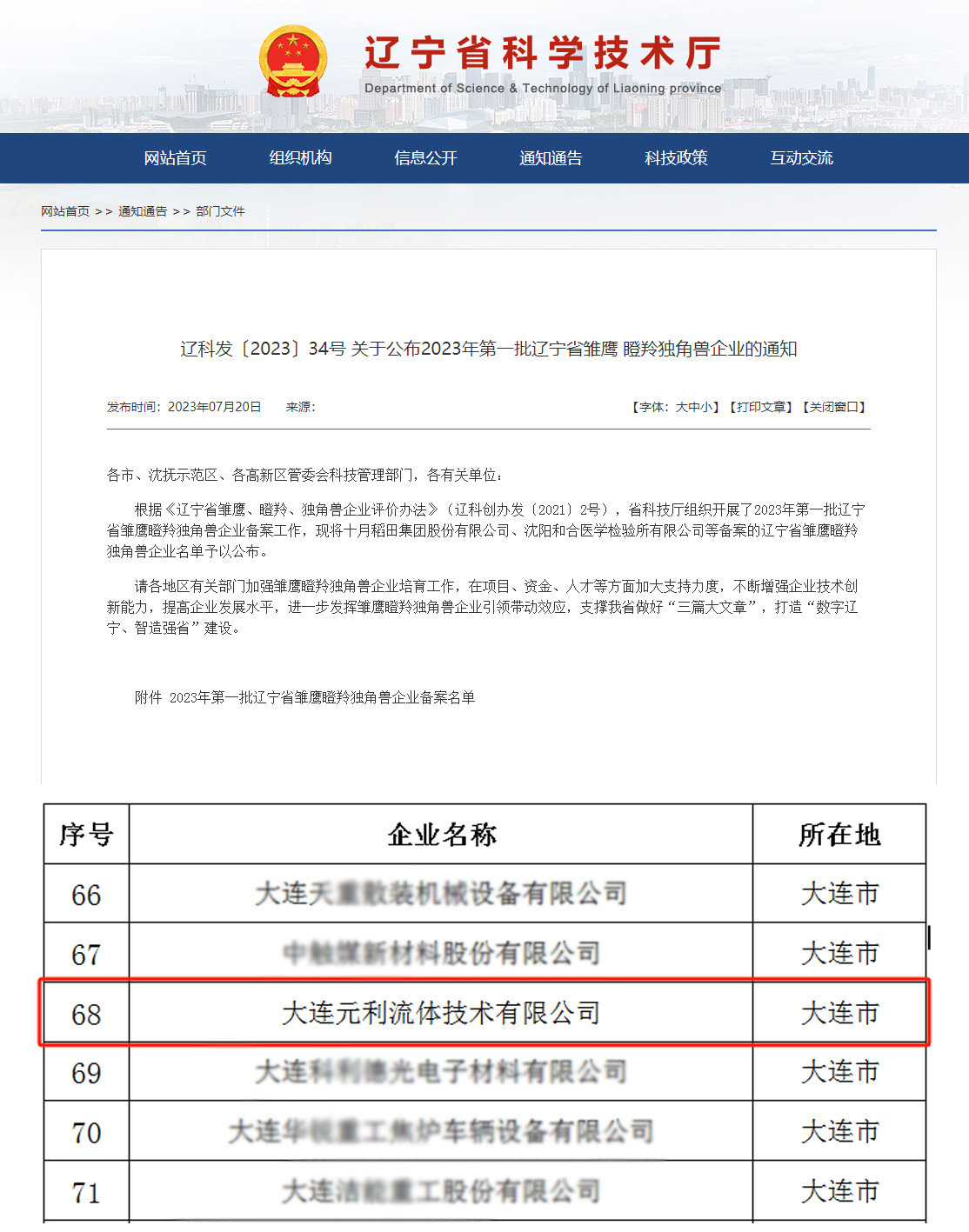大连元利流体技术有限公司荣获辽宁省瞪羚企业称号