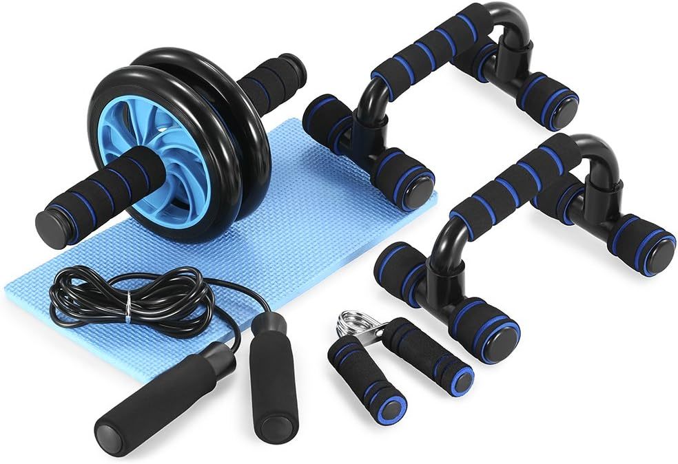 AB Wheel Roller Kit with Push-Up Bar, Knee Mat, Jump Rope and Hand Gripper