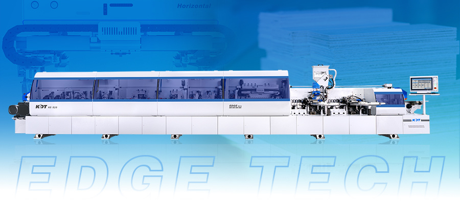 High speed edge bander KE-520GU. With horizontal end cutting unit, high efficiency, good quality and leading edging technology edging.