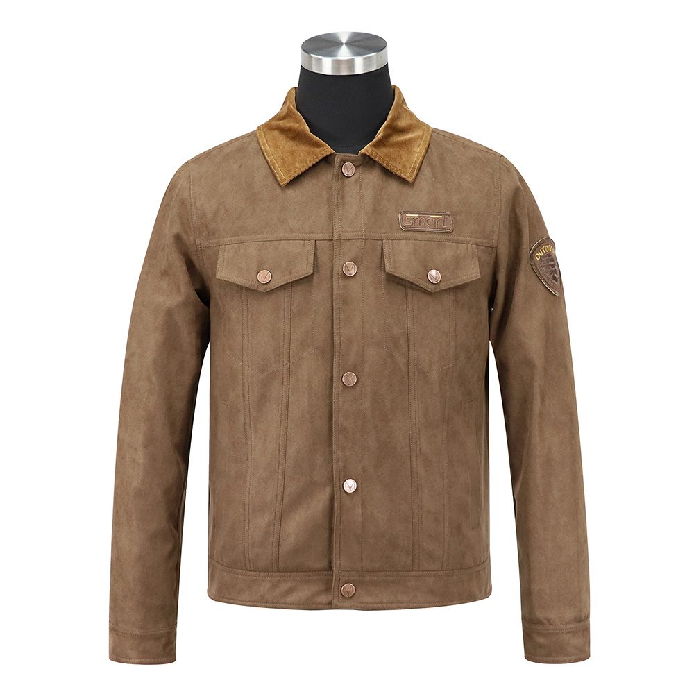 коричневая замшевая куртка-рубашка с нашивкой-вышивкой