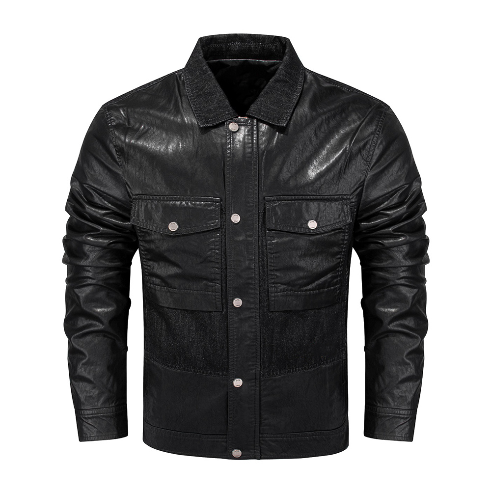 Джинсовая кожаная куртка сплайсинга черного цвета с эффектом потертости