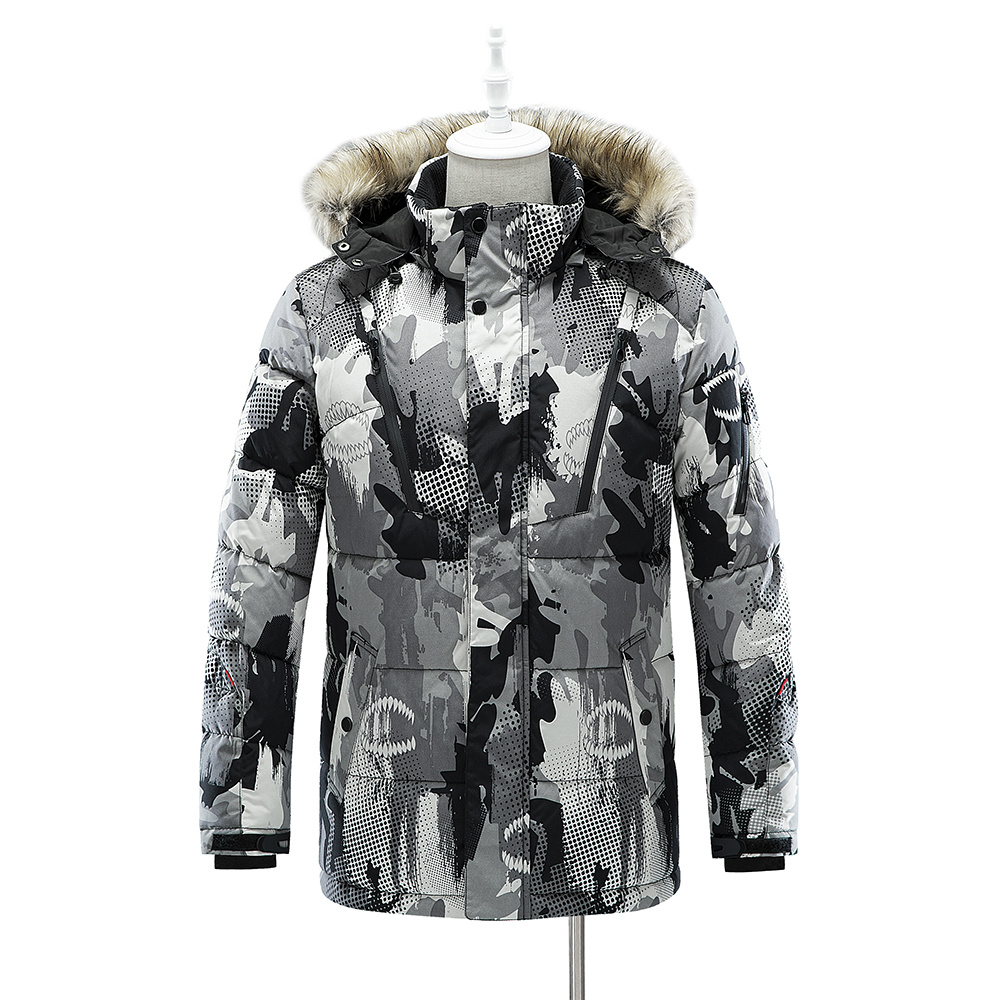 fur hooded cotton padded long parka with full printing