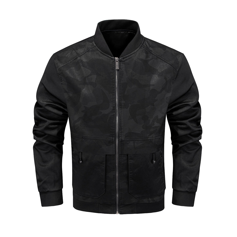 leather bomber jacket with black camo print