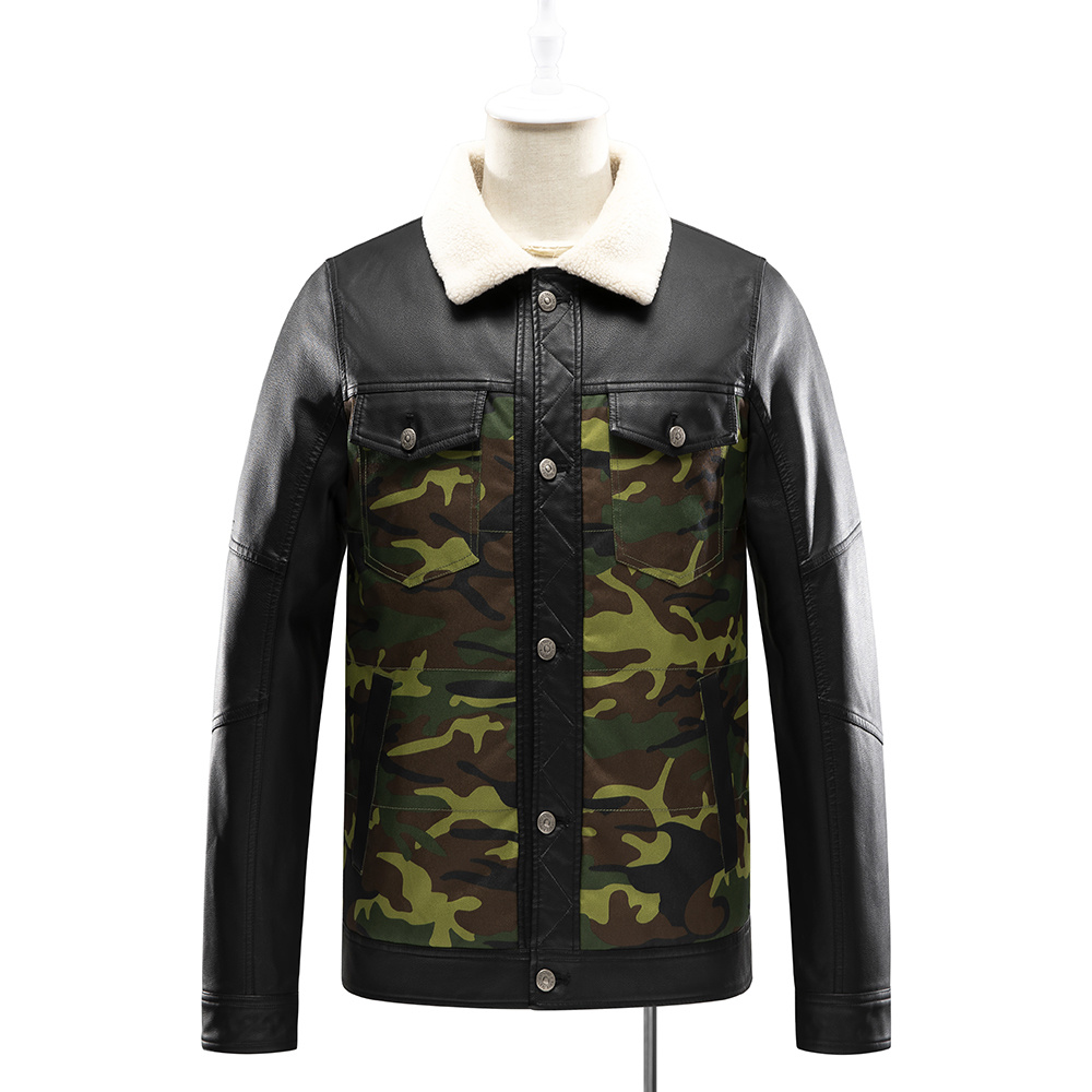 faux leather racer jacket in camo green