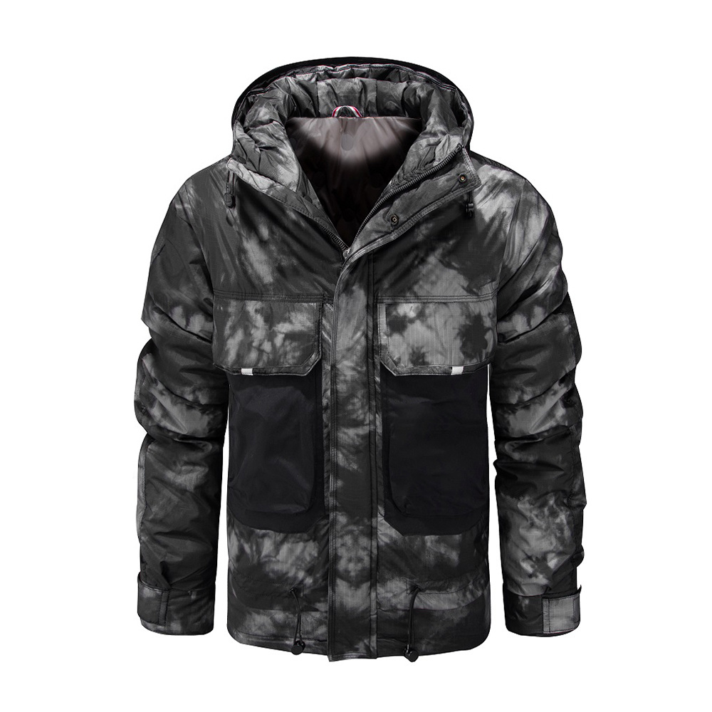 outdoor insulated jacket in gray tie-dye