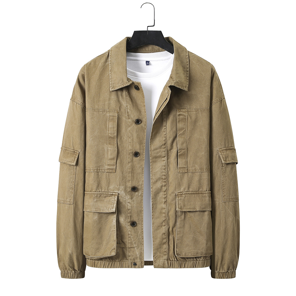 khaki multi pocket cargo men's twill jacket