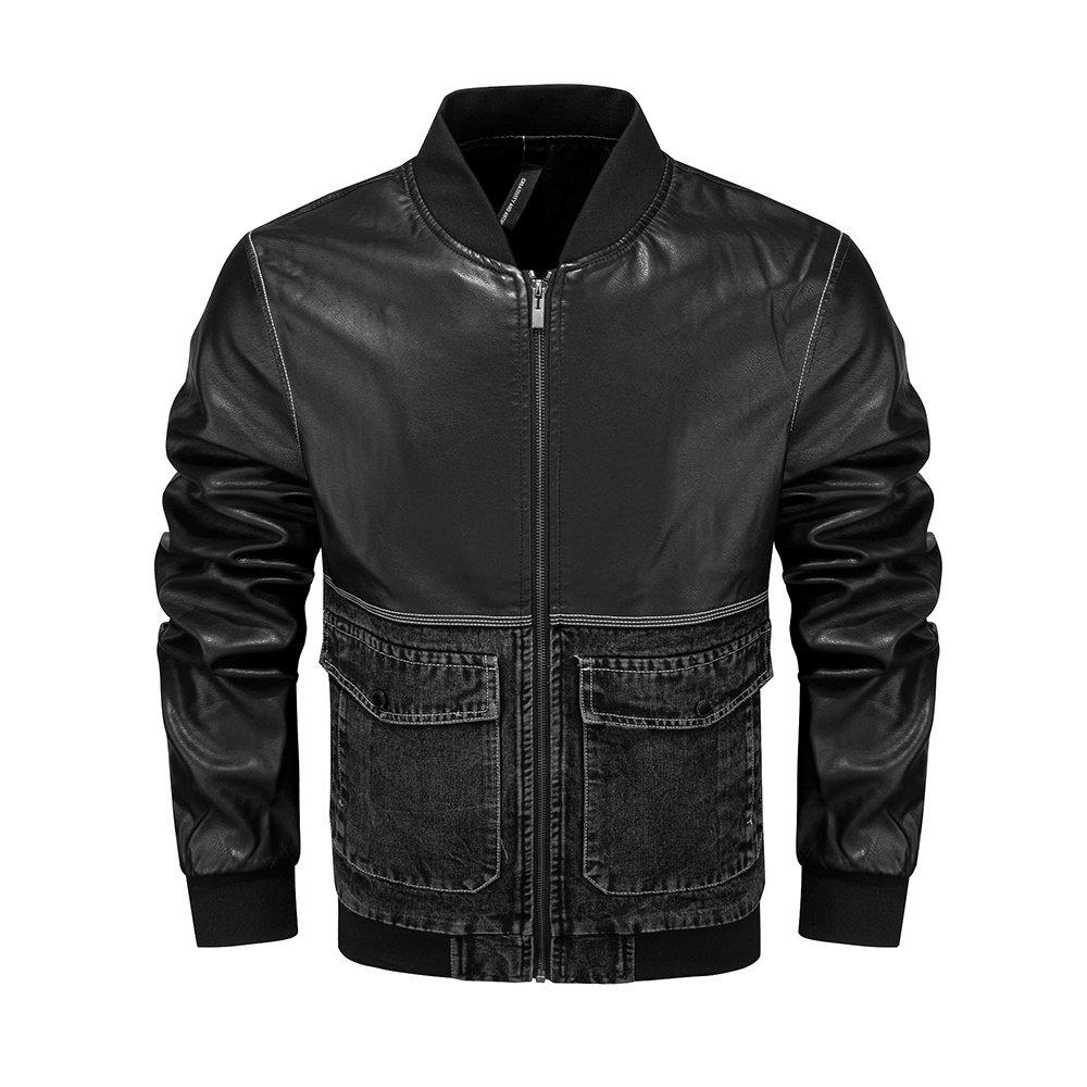 new look fit leather jacket with black denim patchwork