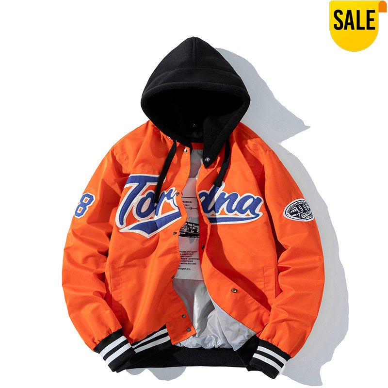 in stock hip hop oversized varsity bomber jacket in orange