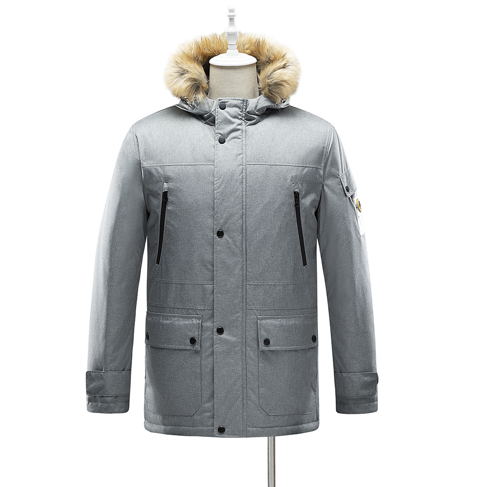hooded parka coat with fur trim in grey