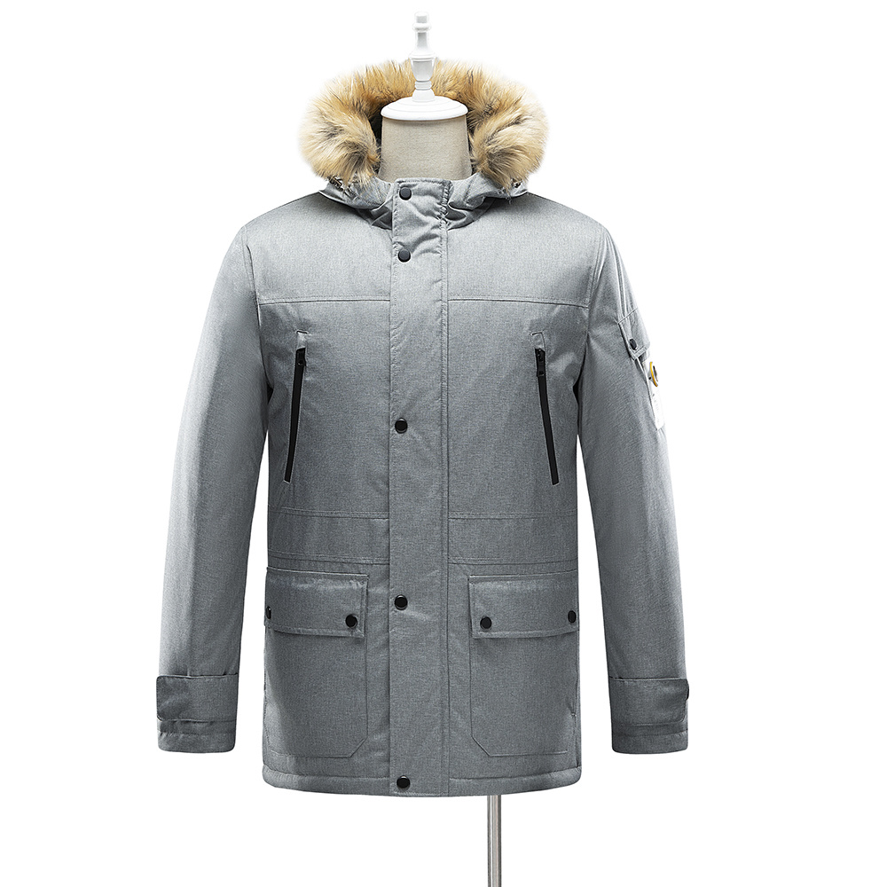 parka con capucha y ribete de pelo en gris