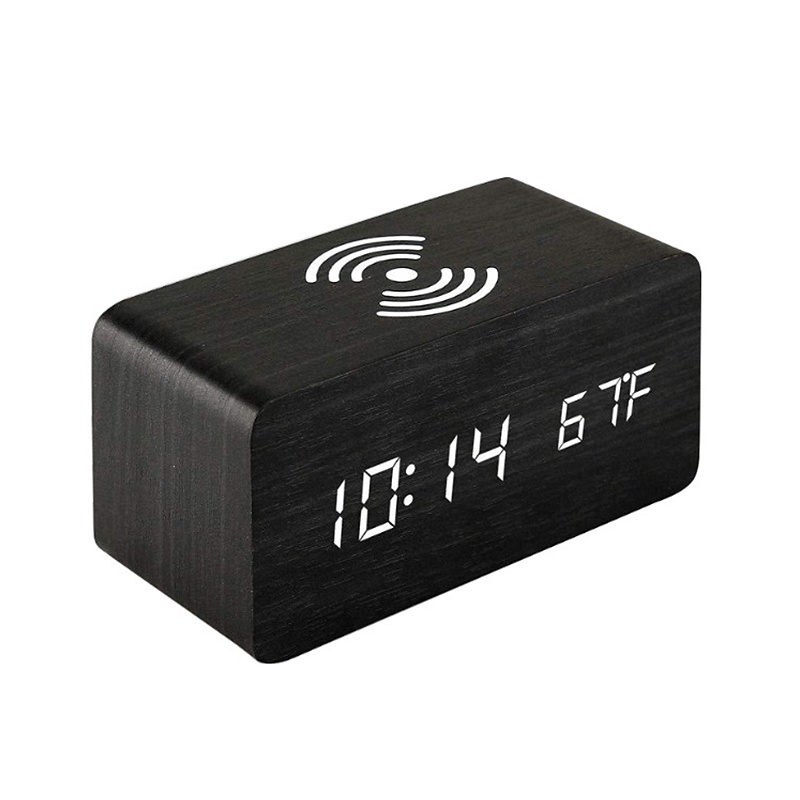 LDE display clock，desktop clock with wireless charging，Bamboo grain