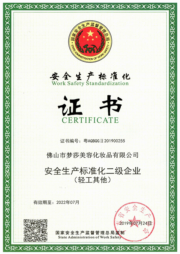 Safety production standardization secondary standard certificate