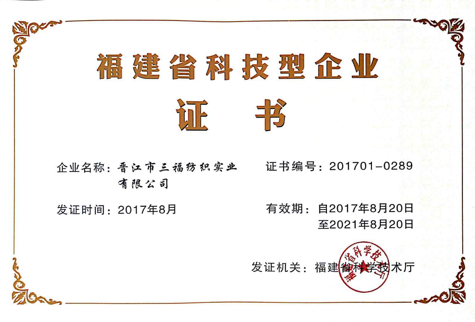 Fujian Science and Technology Enterprise Certificate