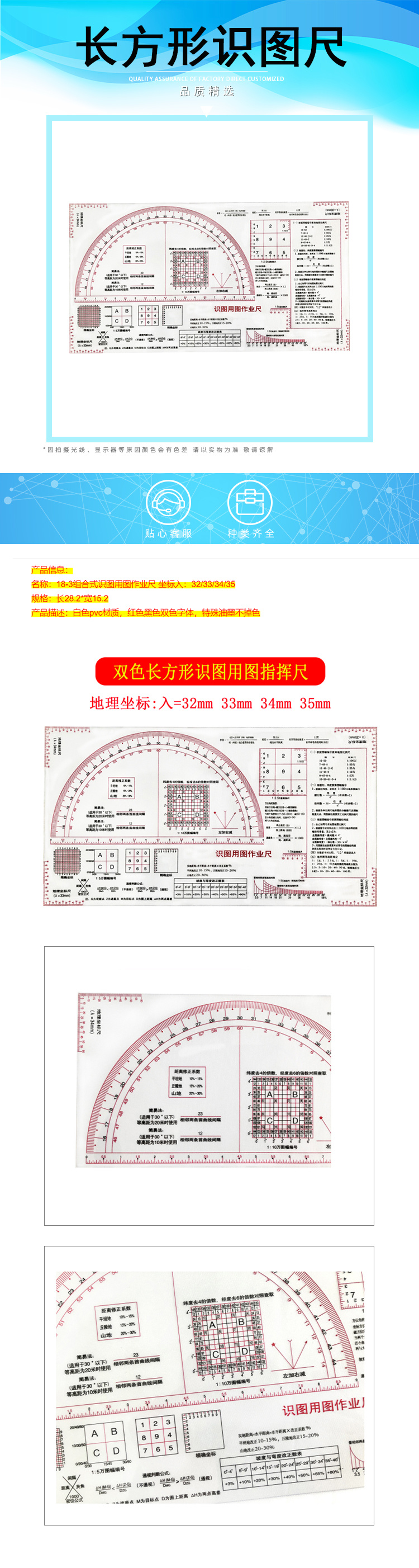 Rectangular map reading ruler