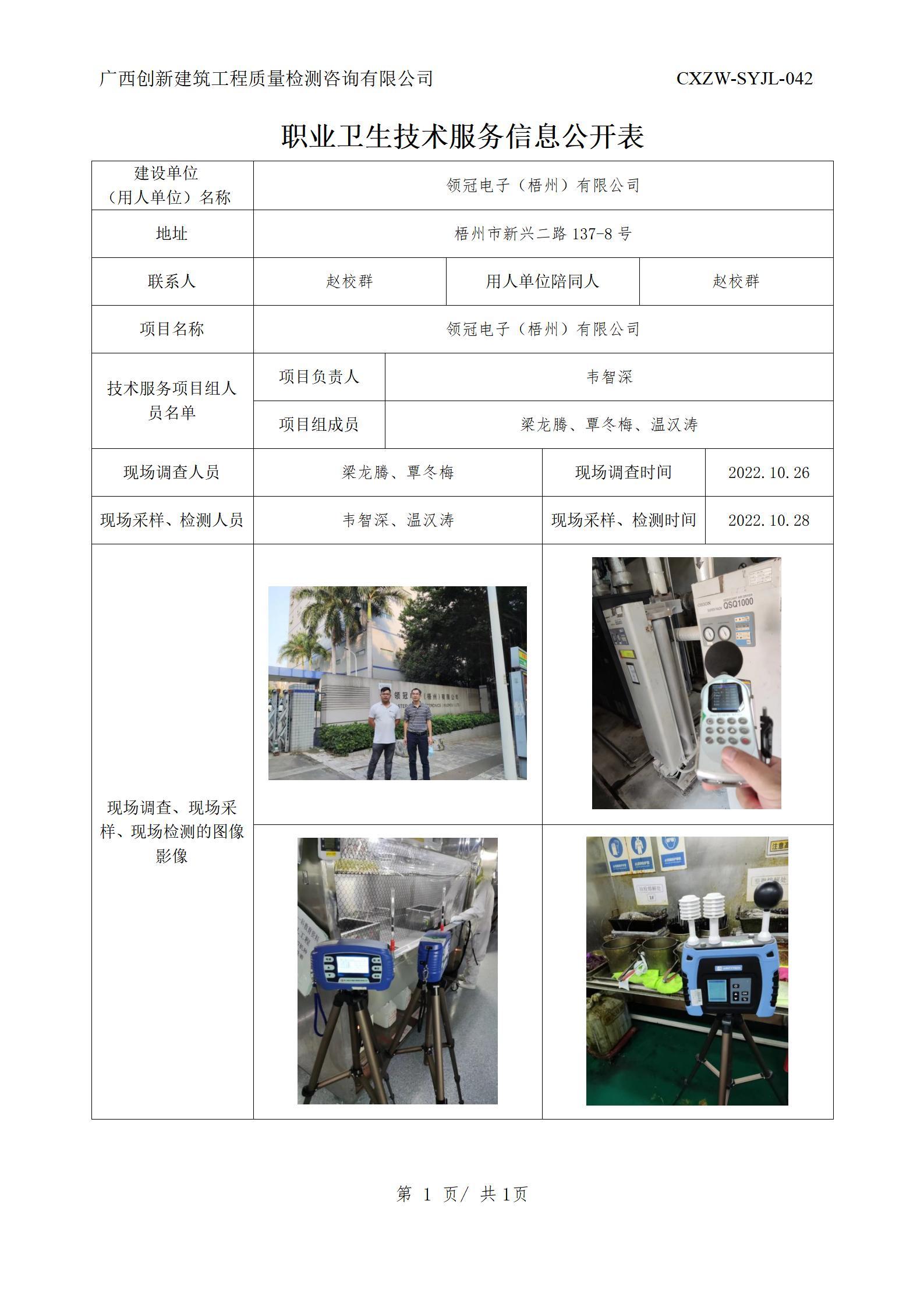 【职业卫生信息公开】领冠电子（梧州）有限公司