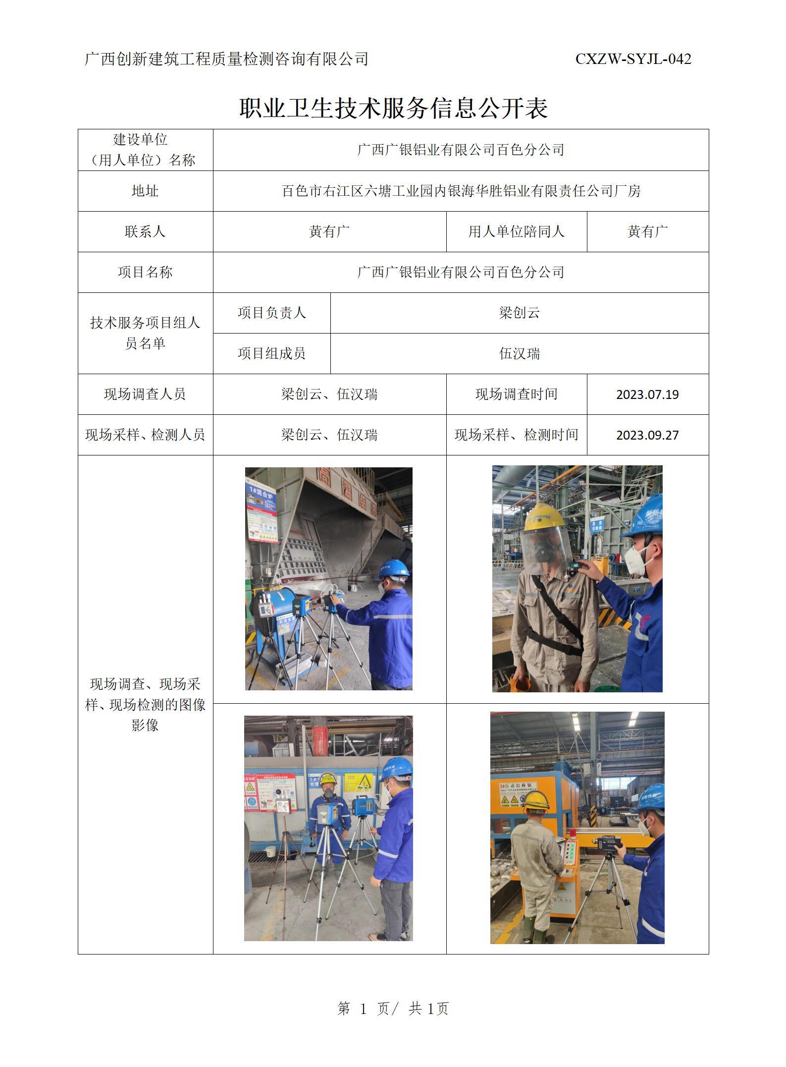 【职业卫生信息公开】广西广银铝业有限公司百色分公司