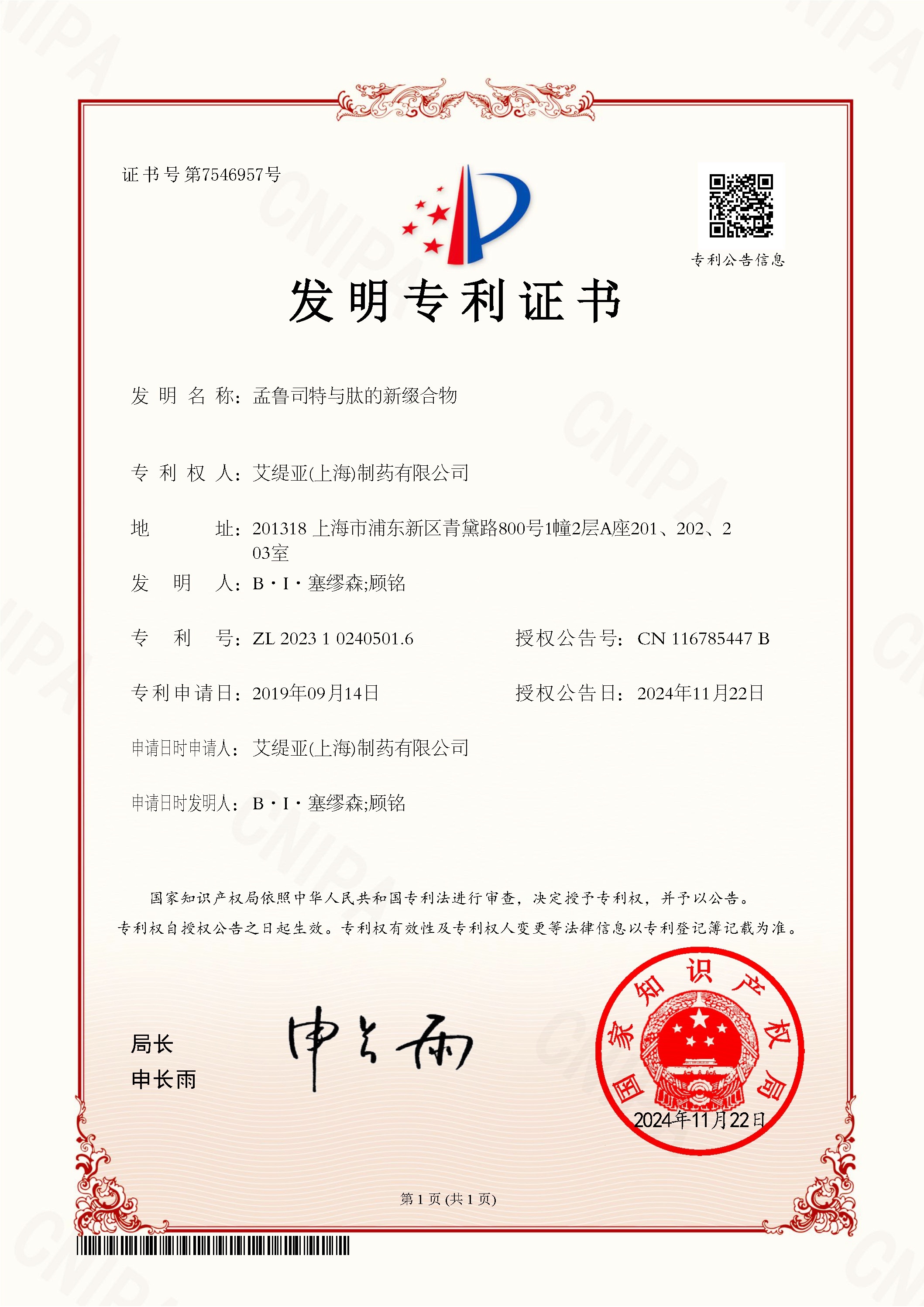 Authorized Patent of Invention (CN)