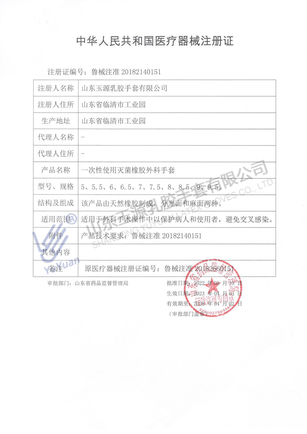 医疗器械注册证（一次性使用灭菌橡胶外科手套）