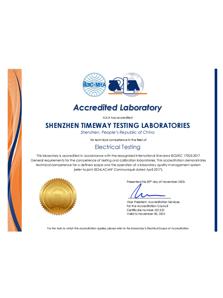 A2LA Accredited Certificate 1