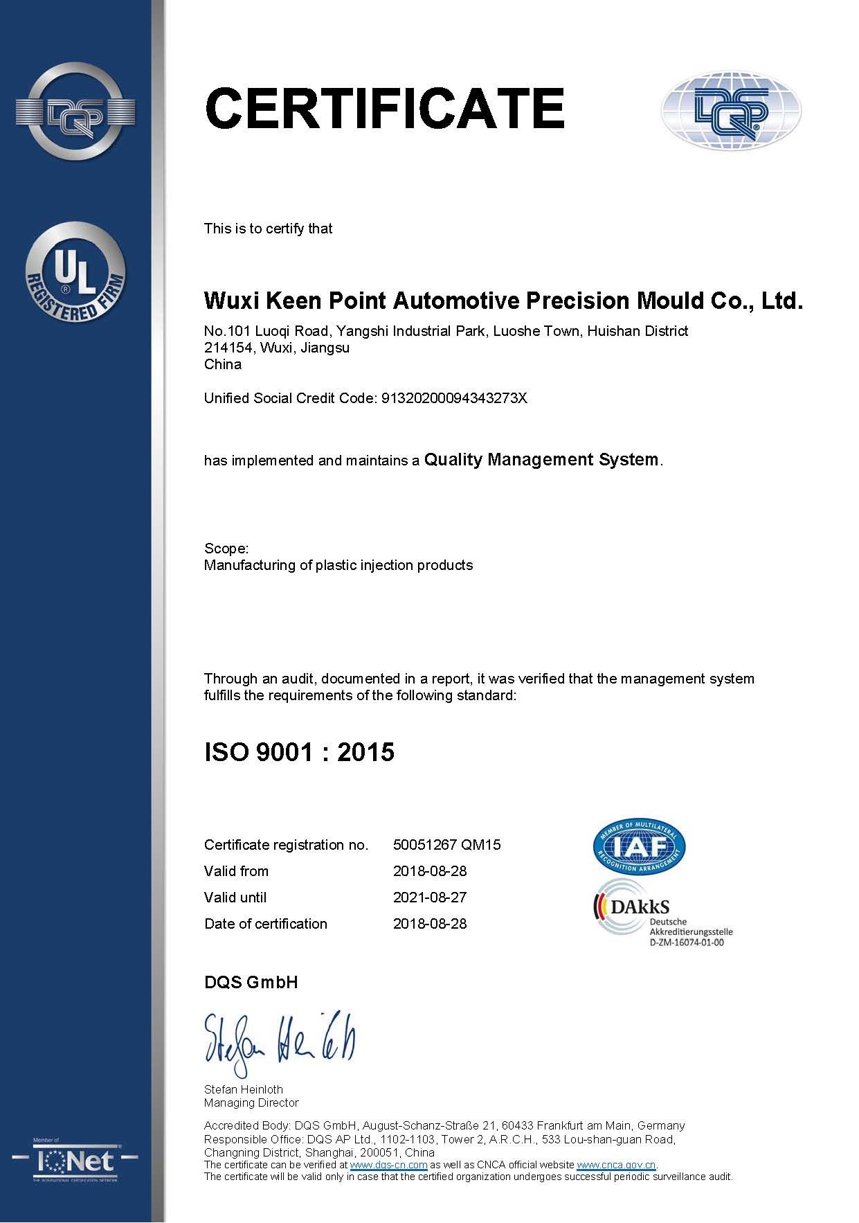 ISO 9001 Certificate of Wuxi Keen Point Automotive Precision Mould Co., Ltd.