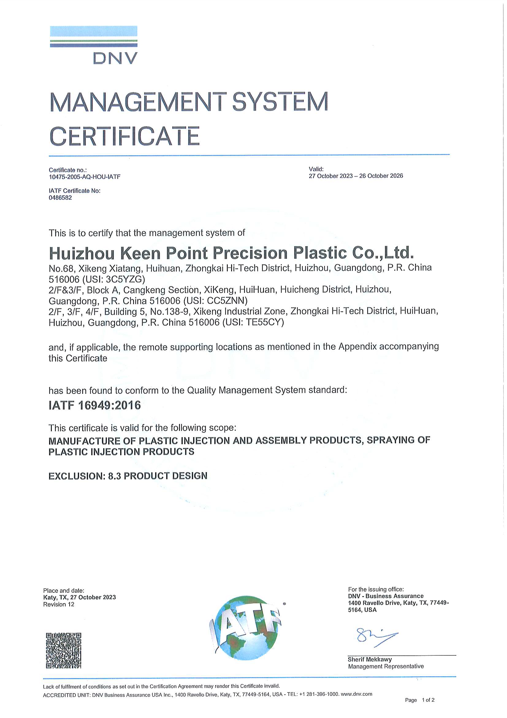 IATF 16949 Certificate of Huizhou Keen Point Precision Plastic Co., Ltd.