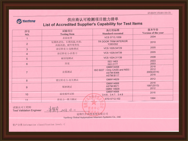 Yanfeng Automobile Laboratory Accreditation Certificate 2/2