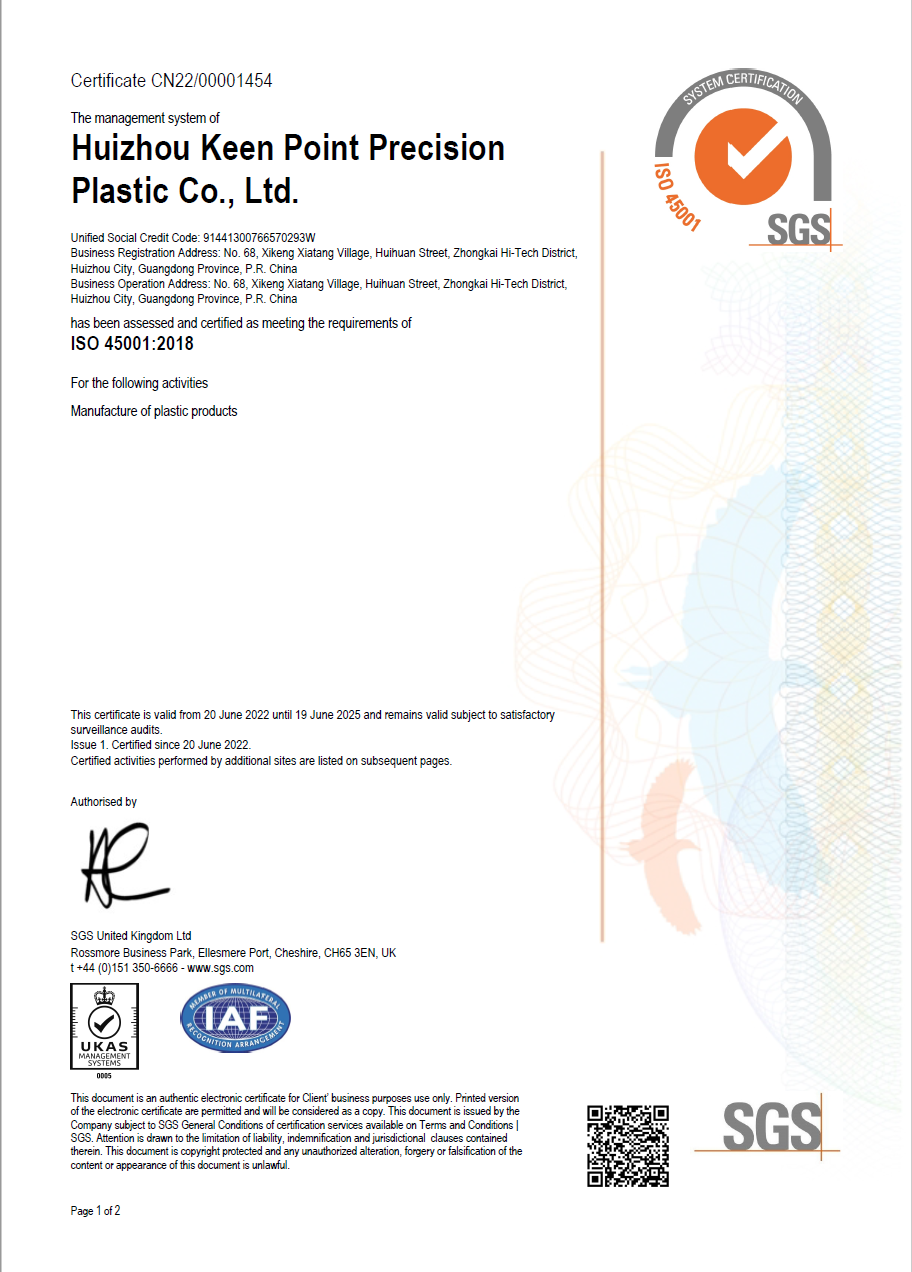 ISO 45001 Certificate of Huizhou Keen Point Precision plastic Co., Ltd.