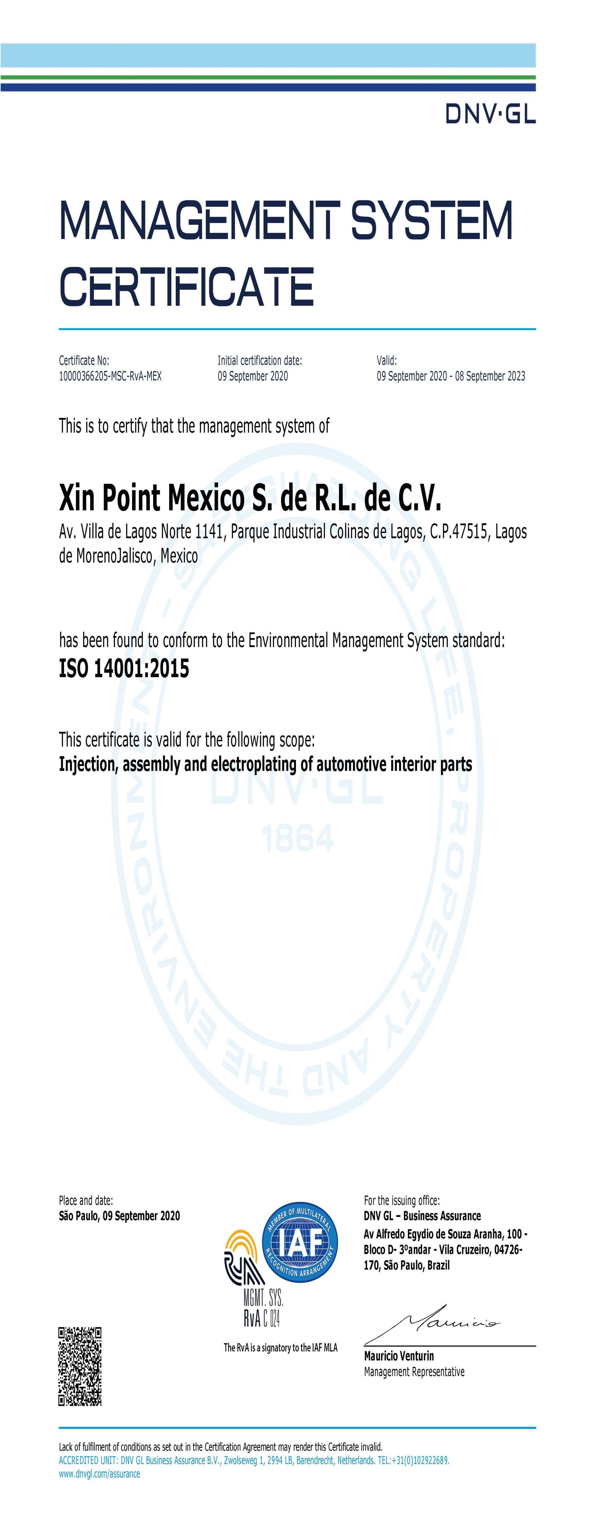 ISO 14001 Certificate of Xin Point Mexico, S. de R.L. de C.V.