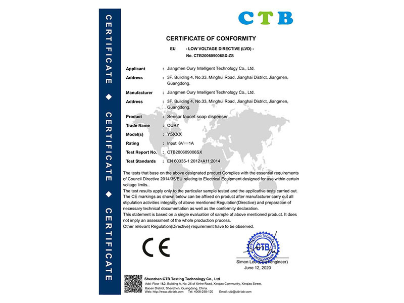 CE-LVD Certificate for Induction Faucet Soap Dispenser