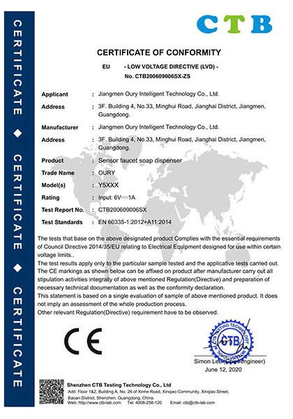 CE-LVD Certificate for Induction Faucet Soap Dispenser