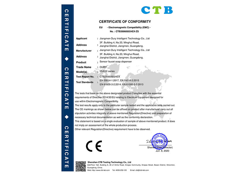 Induction faucet type soap dispenser CE-EMC certificate