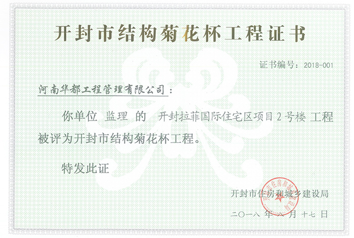 開封拉菲國際住宅區項目2號樓開封市結構菊花杯工程