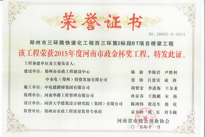 郑州市三环快速化工程西三环BT项目桥梁工程2015年度市政金杯奖