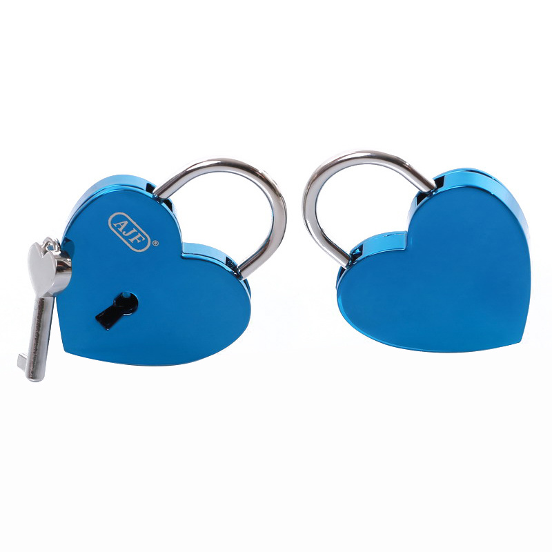 Shiny Blue Heart Love Lock Engraved