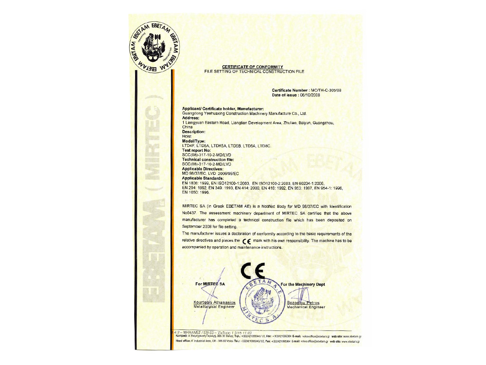 ce Certificate for hoist