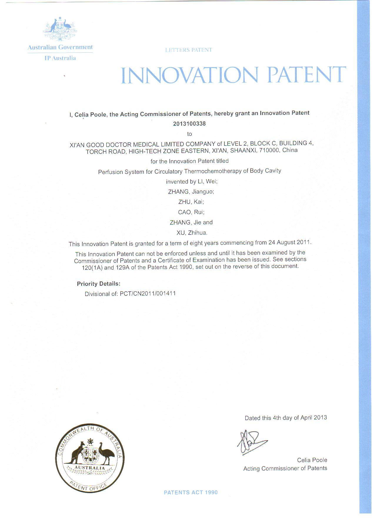 Australian Patent 2013 Australian Patent 2013