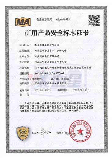 矿用产品安全标志证书MVV22--0.6-1